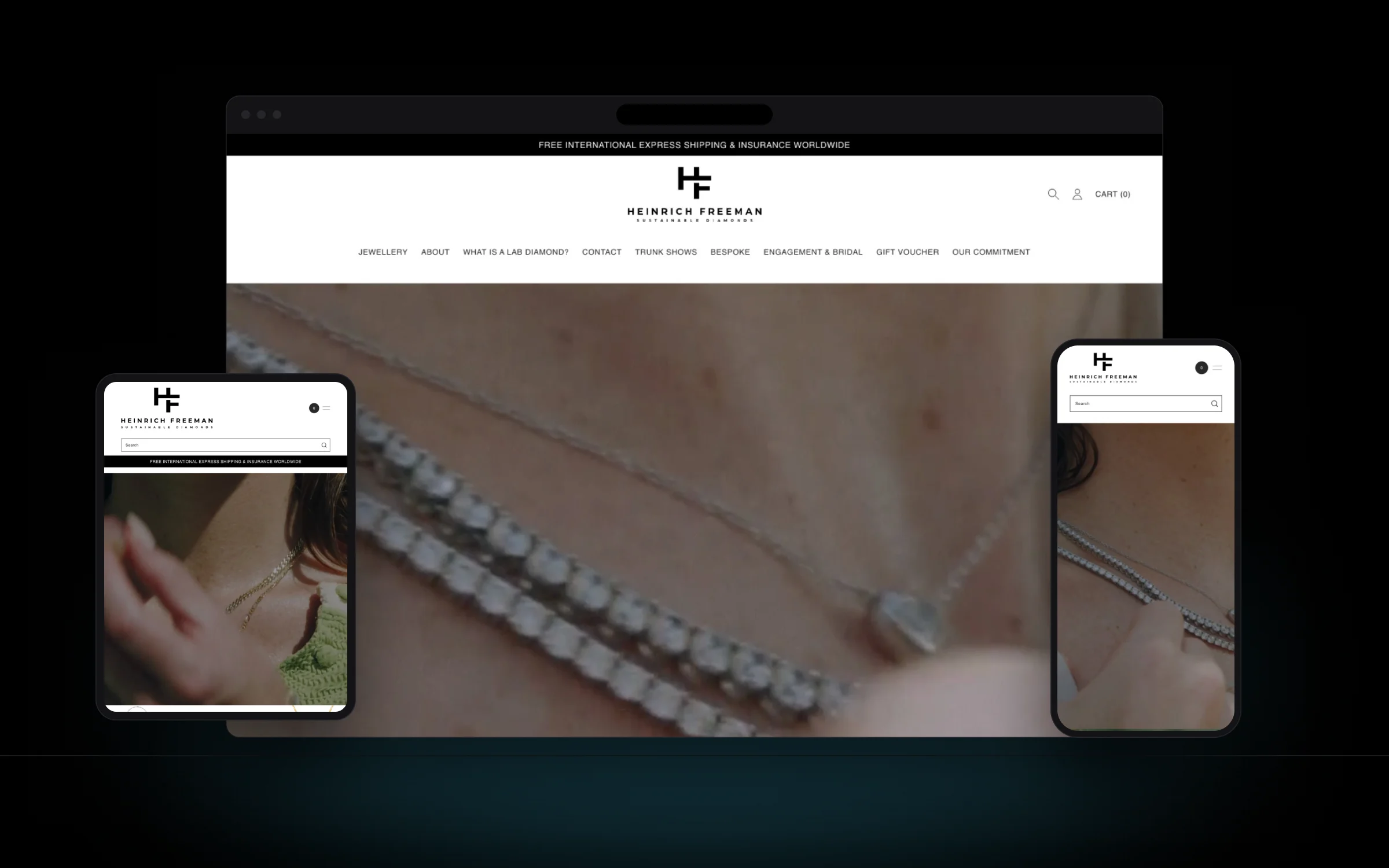 Diamond jewellery Shopify store on desktop, tablet and mobile