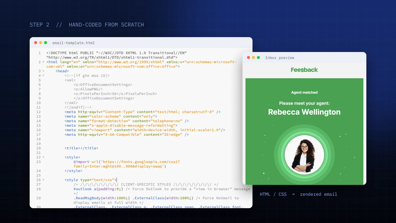 Hand-coded HTML email: the source code next to the rendered email in the inbox