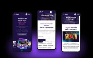 Home, portfolio and web design pages on mobile
