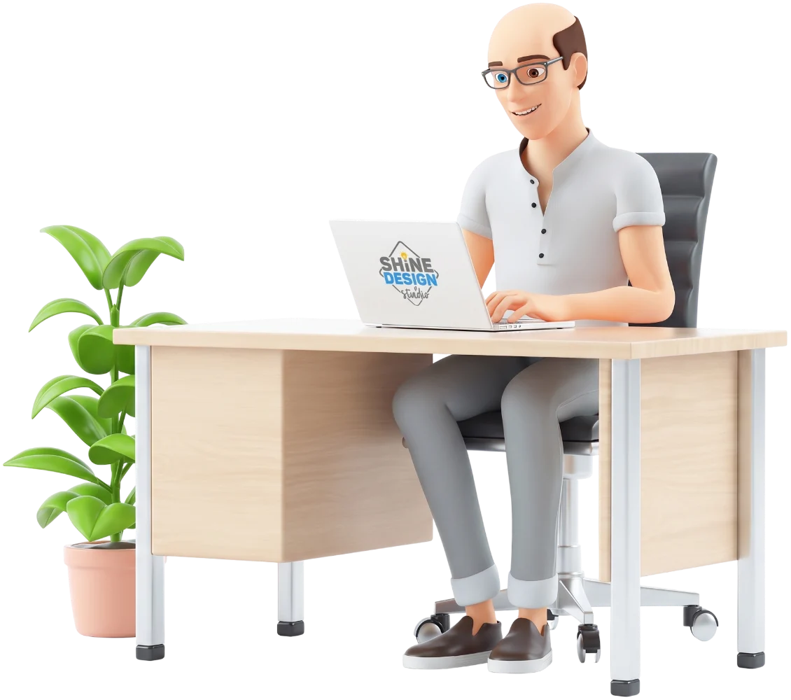 3D illustration of Vladimir working at his desk