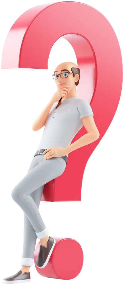 3D illustration of Vladimir leaning on a question mark