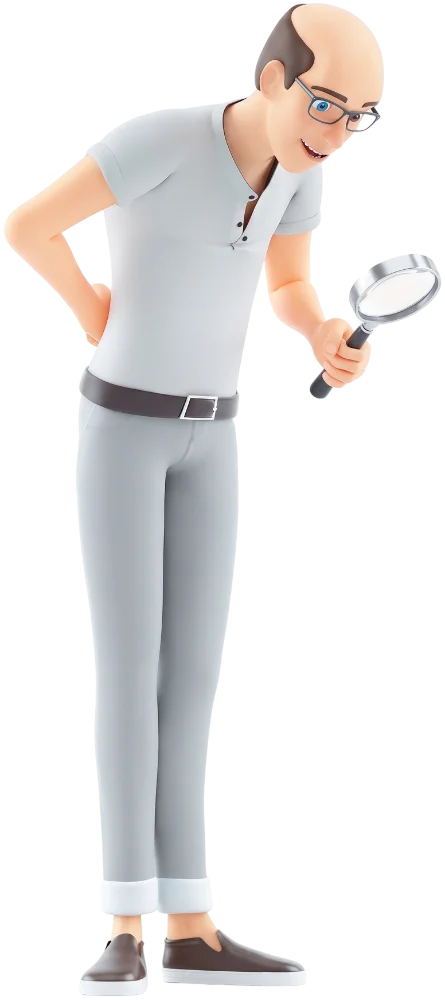 3D illustration of Vladimir searching with a magnifying glass